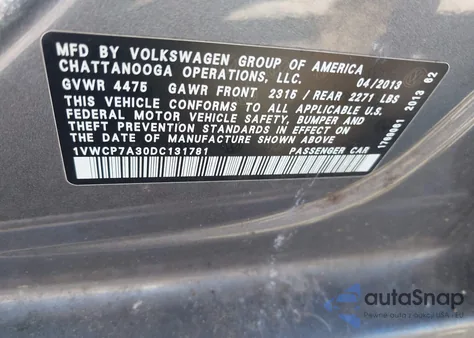 2013 Volkswagen Passat 2.5L Sel Premium из США, поврежденный, VIN 1VWCP7A30DC131781